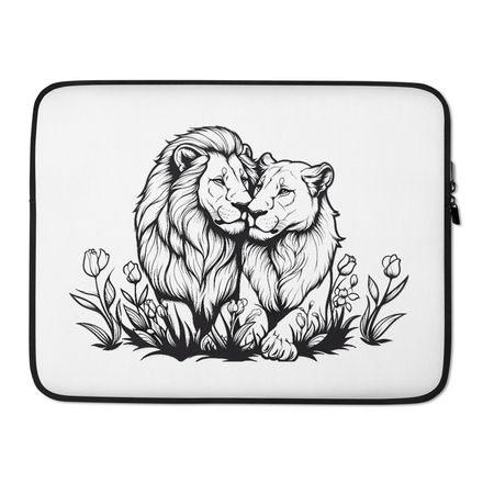 Laptop Sleeve, Male lion with lioness, outline art, kbdgyu, mirrored