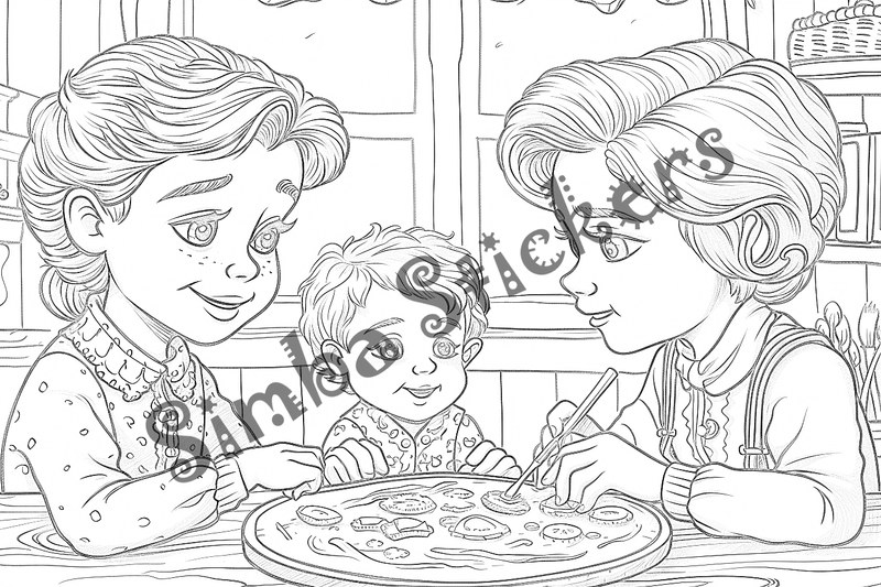 Colouring pages, bundle of people, elderly and grandparents with children, 50 images