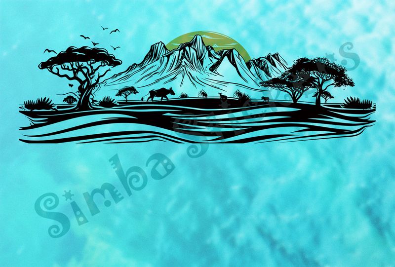 African Savanna landscape, sun rising over mountain range, outline art