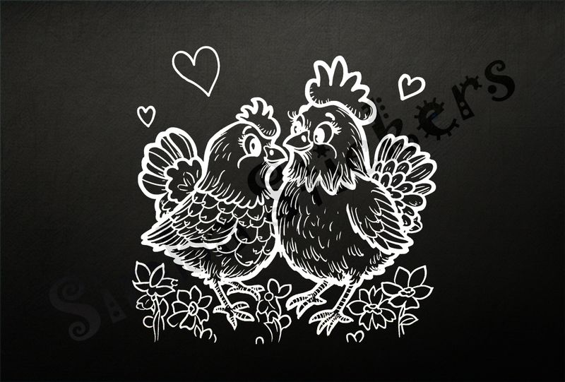 Rooster and hen chicken in love, romantic hearts, outline art