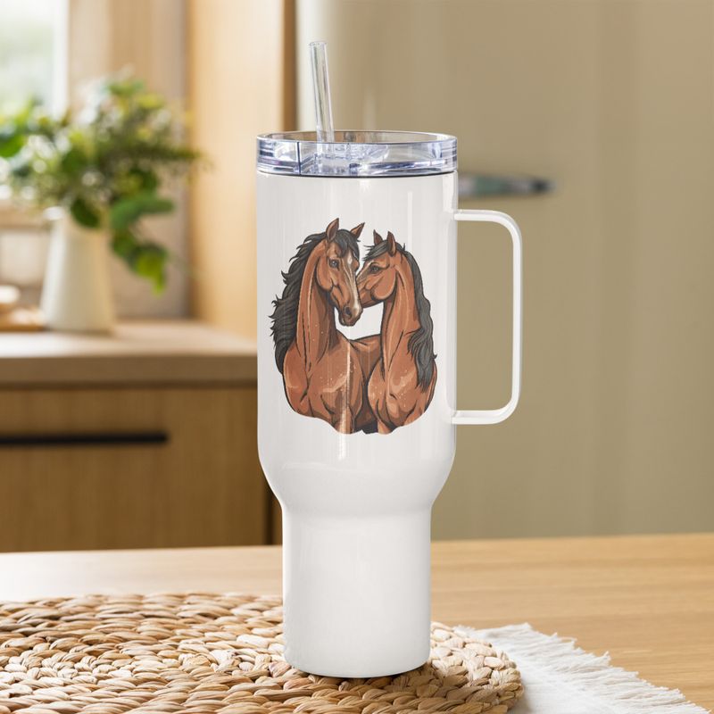 Travel Mug, Cattle, Two brown horses snuggling, tdwcyd