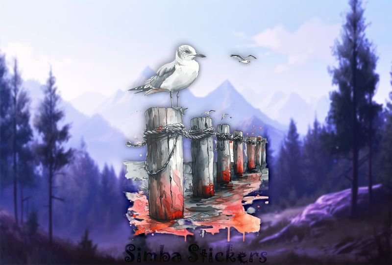 Seagull perching on strung-up pole in water, watercolour, oxacxj
