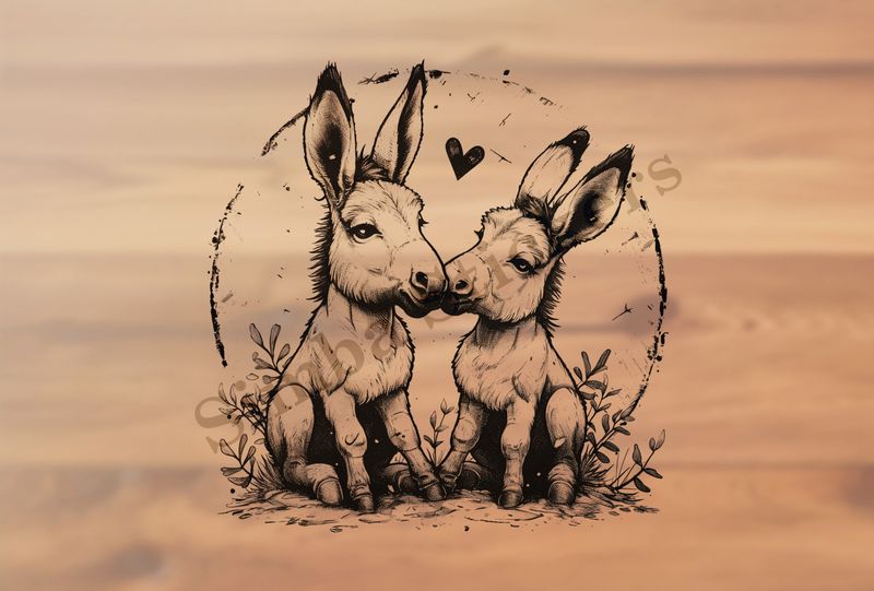 Donkeys in love, nose-to-nose, sitting, outline art
