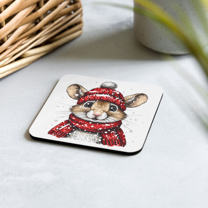Cork-Back Coaster, Mouse wearing red winter hat and scarf in the snow, xg8dl3, mirrored