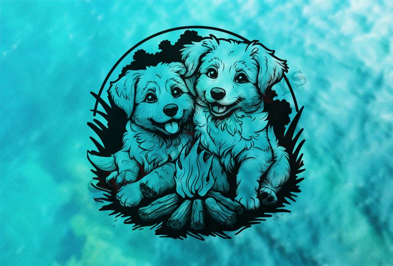 Dogs cuddling by a bonfire, outline art