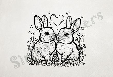 Hares in love, Valentine&#x27;s heart above, outline art