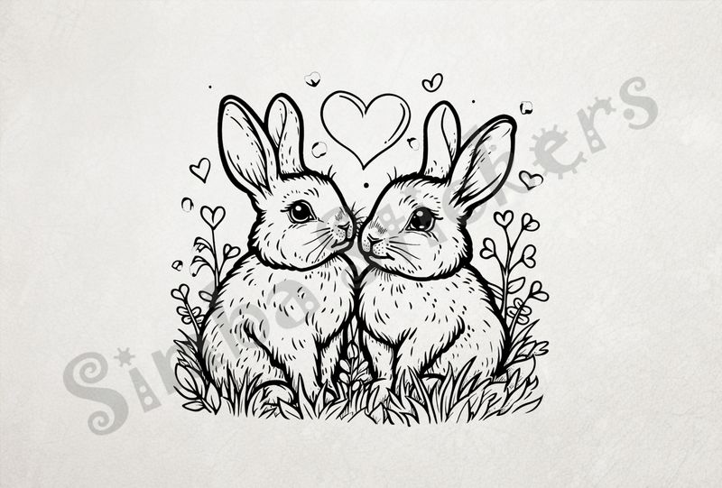 Hares in love, Valentine&#x27;s heart above, outline art