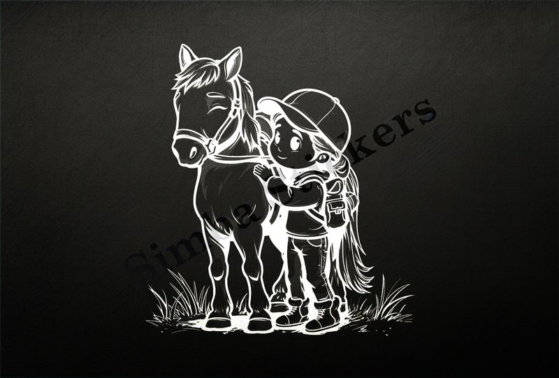 Horse being ridden by a small girl in a baseball cap, outline art