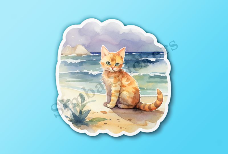 Cat on the beach, watercolour