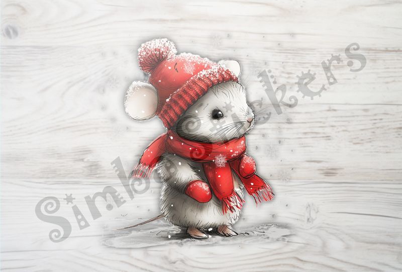 Mouse wearing red winter hat, scarf and gloves in the snow