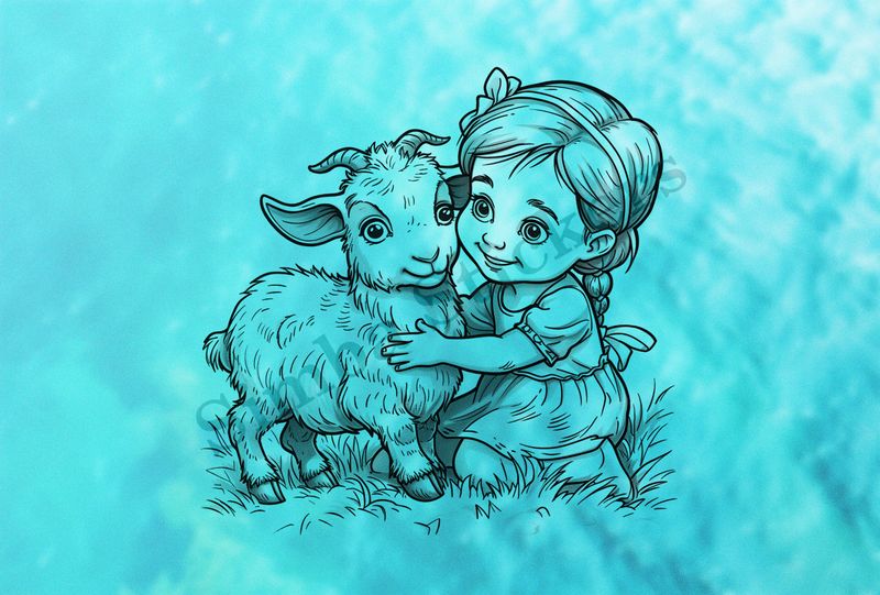 Goat kid hugged by small girl with braided hair and bow, outline art