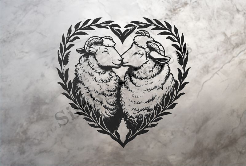 Sheep in love, in hear-shaped wreath, outline art
