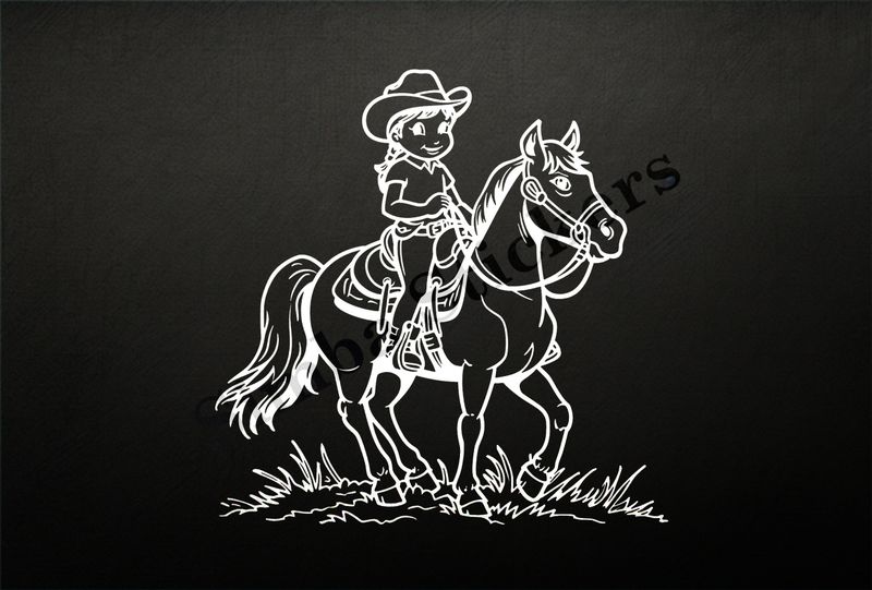 Horse carrying a small girl in a cowgirl hat, outline art
