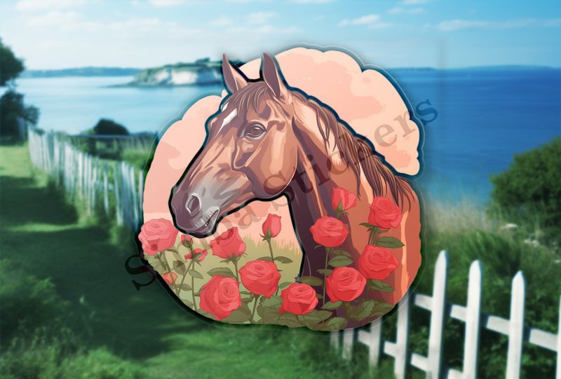 Brown horse smelling red roses