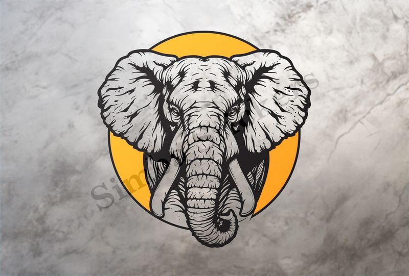 Elephant, front view in yellow circle, outline art