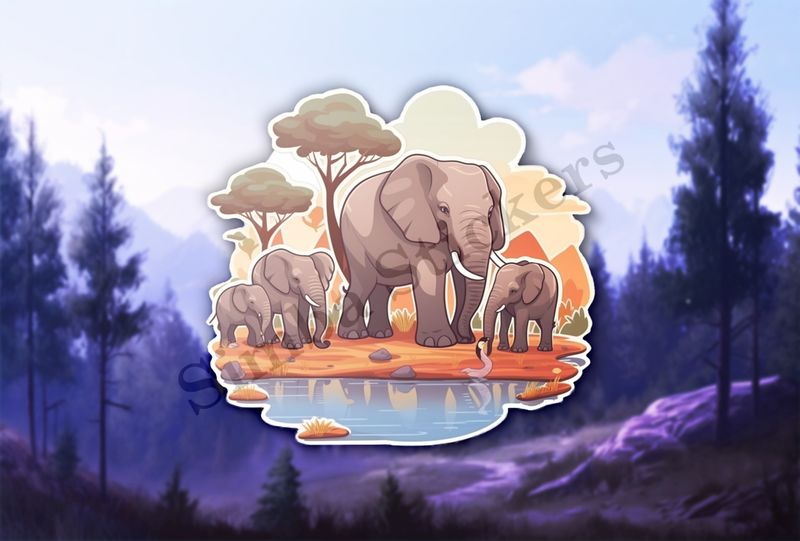 African elephant family at a pond in the Savanna