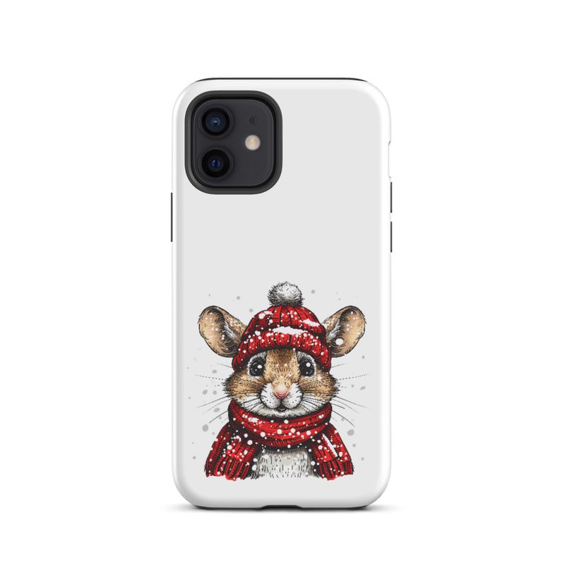 Tough Case for iPhone, Mouse wearing red winter hat and scarf in the snow, xg8dl3