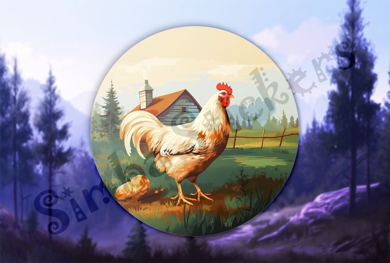 White chicken, free-range, with farmhouse in background