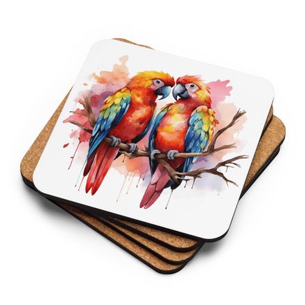 Cork-Back Coaster, Parrots in love perching nose-to-nose in pinkish background, watercolour, cpi3i9