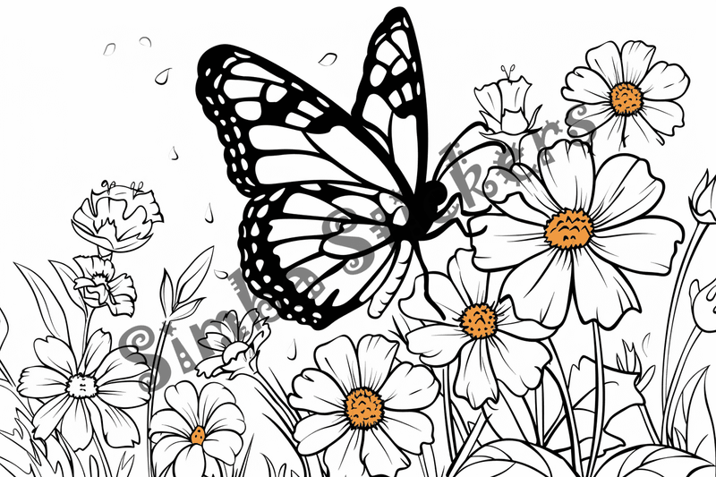Colouring pages, bundle of butterflies over flowers, 10 images