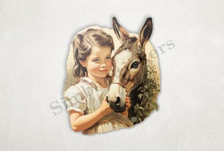 Donkey hugged by small girl of European origin in a white dress