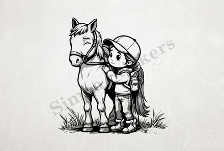Horse being ridden by a small girl in a baseball cap, outline art