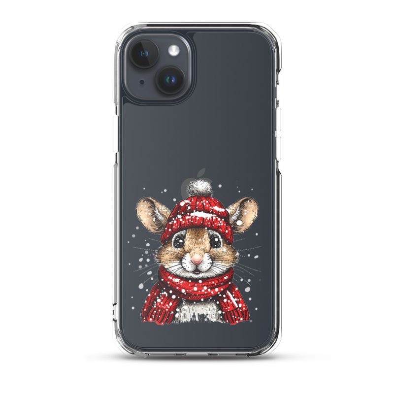 Clear Case for iPhone, Mouse wearing red winter hat and scarf in the snow, xg8dl3