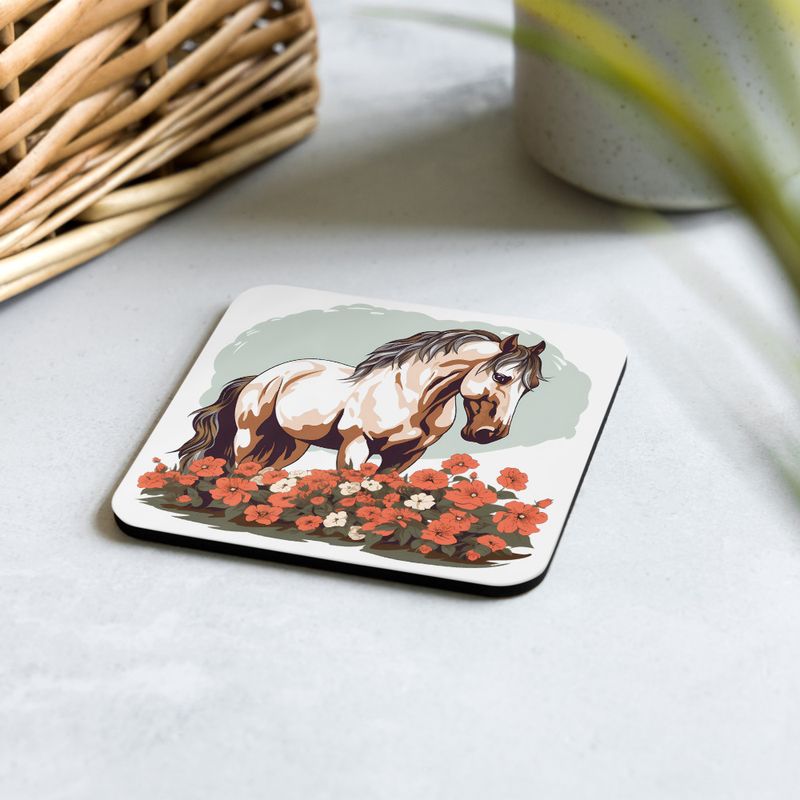 Cork-Back Coaster, Brown horse in field of red flowers, n4w2fj