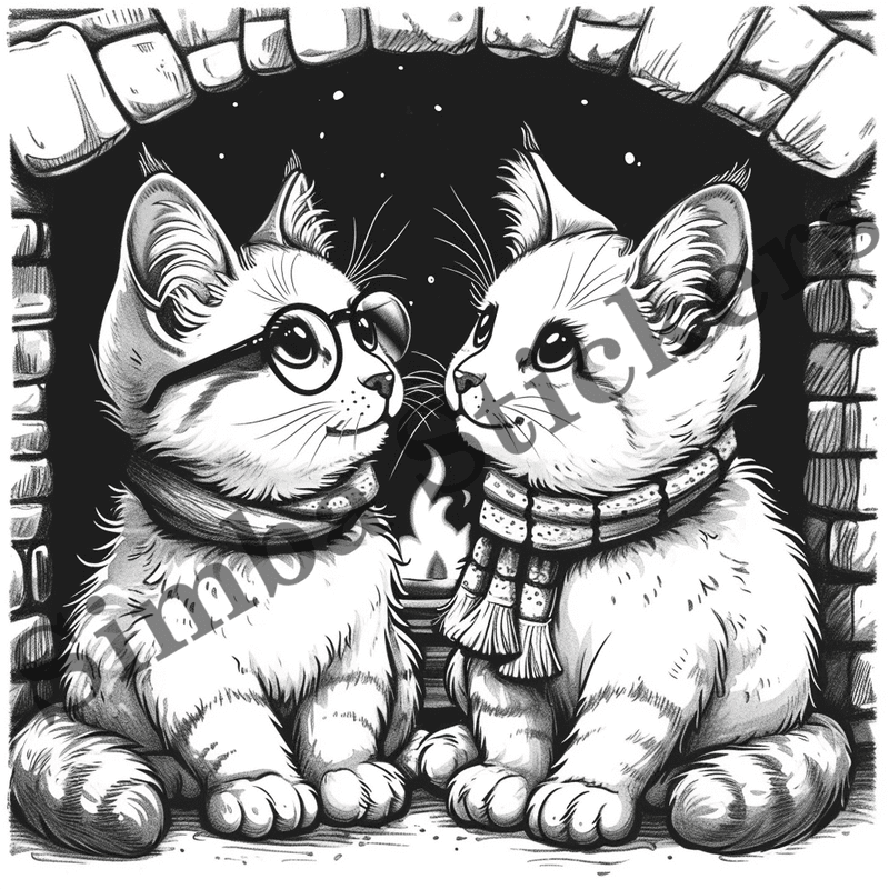 Cats by fireplace, outline art, image set, 10 images