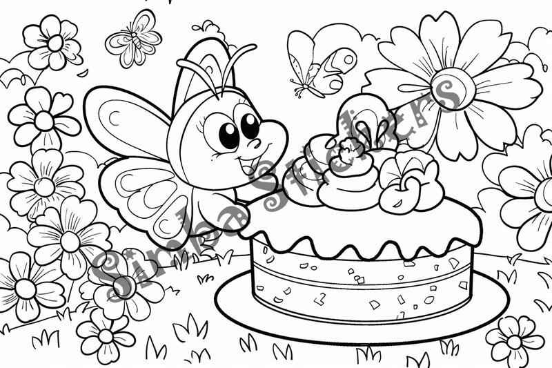 Colouring pages, bundle of butterflies over food or flowers, 25 images