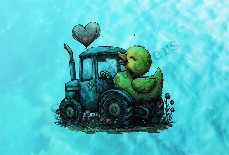 Duckling sitting appreciatingly on farmer&#x27;s tractor