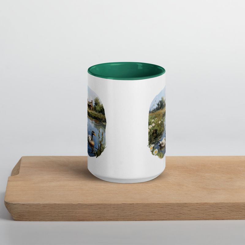 White Ceramic Mug with Color Inside, 11 &amp;15oz, Ducks in love swimming in farmhouse pond 