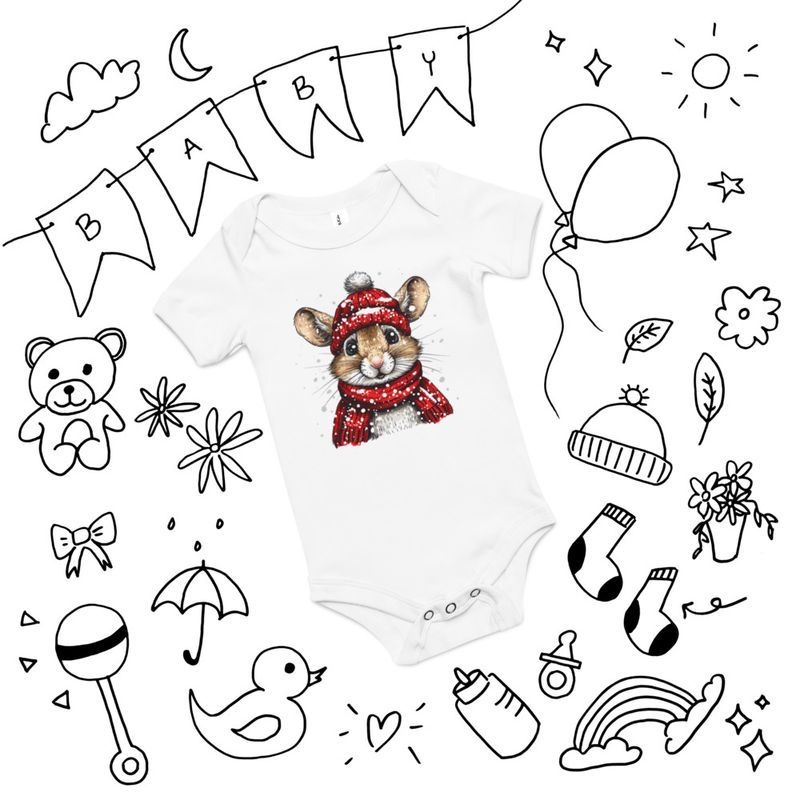 Baby Short Sleeve One Piece, 3-24 Months, Mouse wearing red winter hat and scarf in the snow, xg8dl3