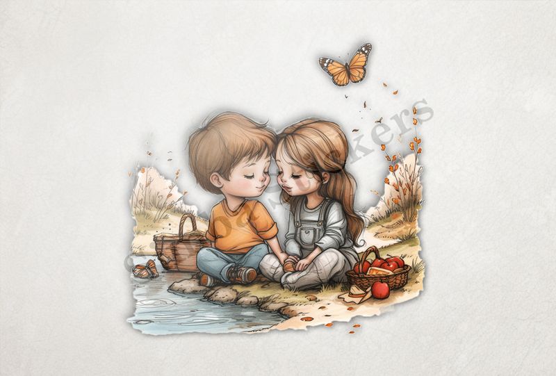 Boy and girl in love, holding hands next to a small stream, watercolour