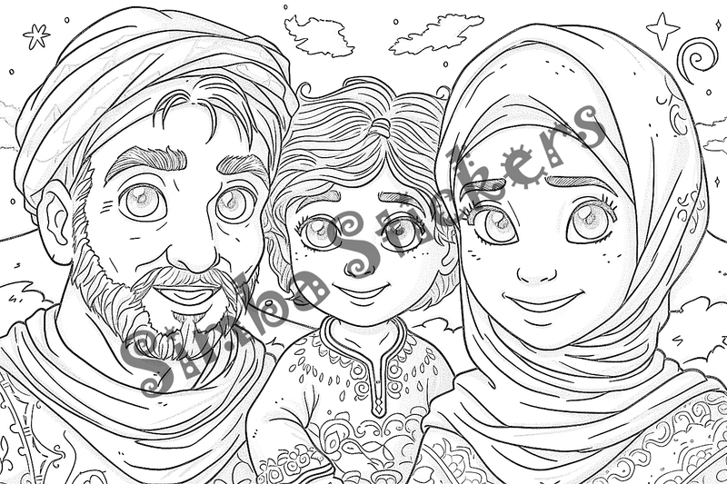Colouring pages, bundle of people, grandparents with children, 10 images