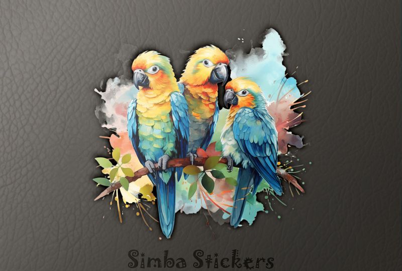 Parrots in love with youngling perching, watercolour, qadbu2