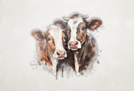 Cows,both brown,  cheek-to-cheek, watercolour