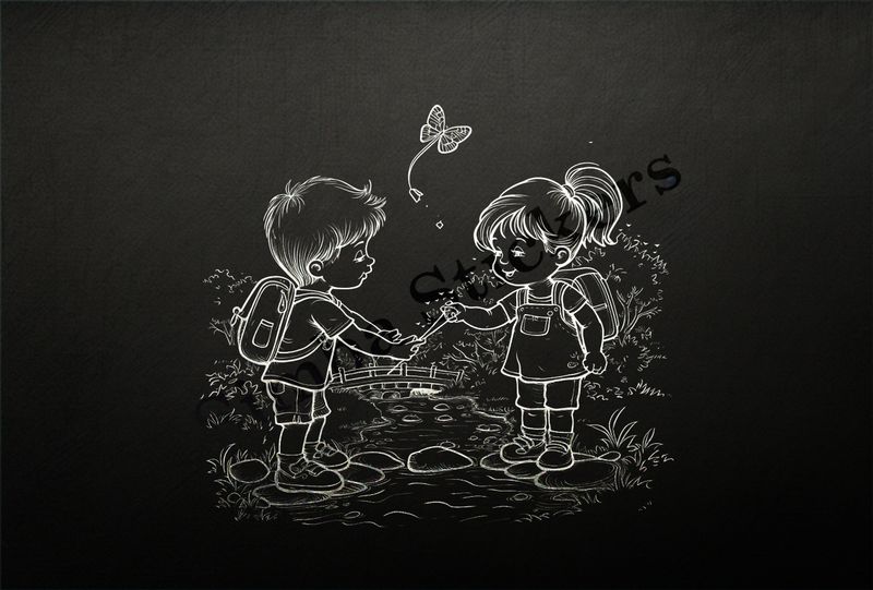 Boy and girl  standing on rocks in a shallow river, outline art