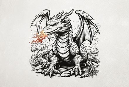 Dragon breathing fire, bushy background, wings outspread, outline art