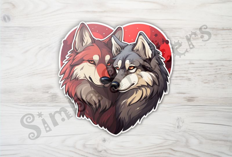 Wolves nose-to-nose, cuddling, in red heart shape