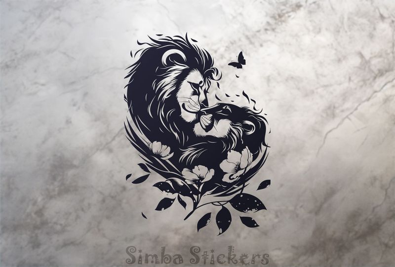 Male with lioness embracing among flowers, outline art, bwsylo