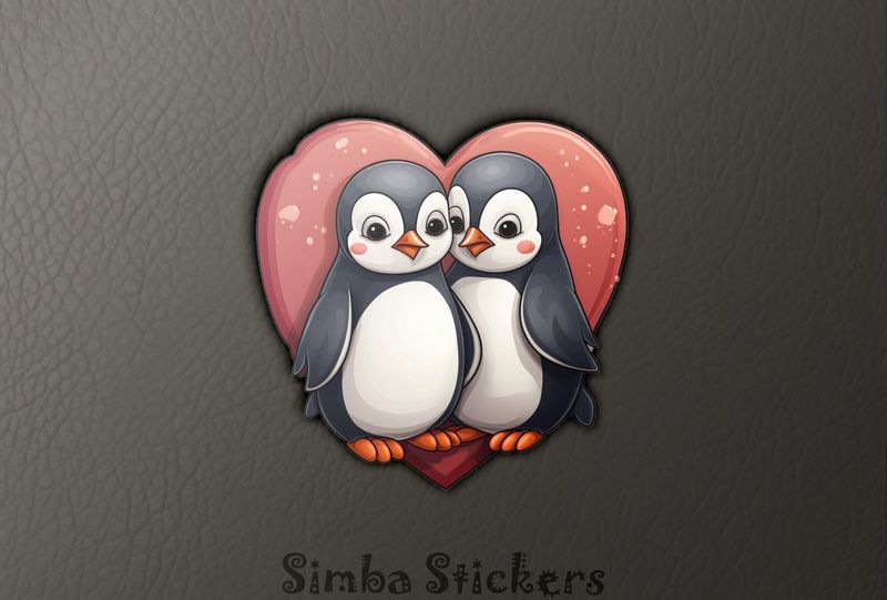 Penguins cheek-to-cheek with romantic Valentine&#x27;s heart, epucnh