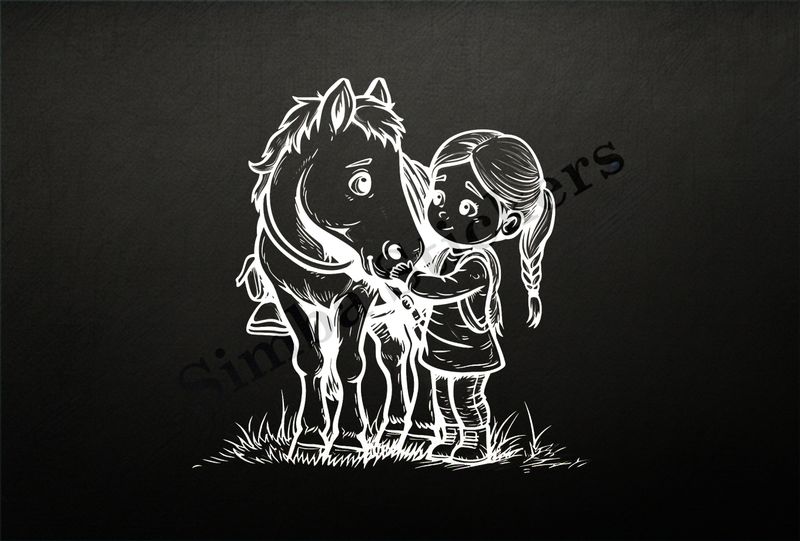 Horse being petted by a small girl, outline art