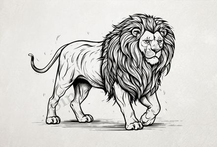 Lion walking majestically, outline art