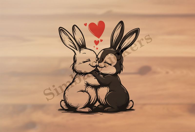 Bunnies in love, nose-to-nose, hearts in air, outline art