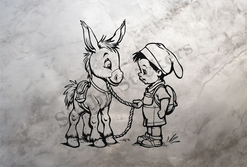 Donkey led on a rope by a small boy, outline art