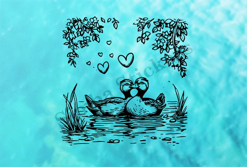 Ducks in love in a pond, under branches, outline art