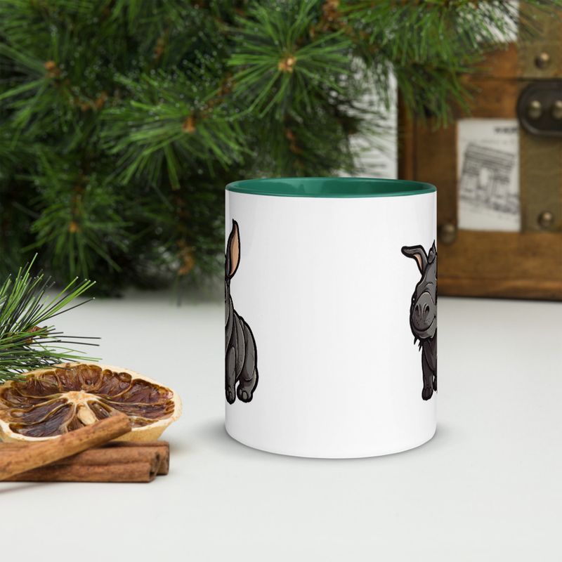 White Ceramic Mug with Color Inside, 11oz &amp; 15oz, Black rhino calf looking cute 
