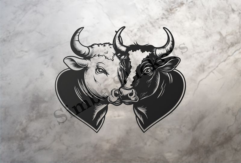 Cattle,  cheek-to-cheek, one black, one white, horns locked, outline art