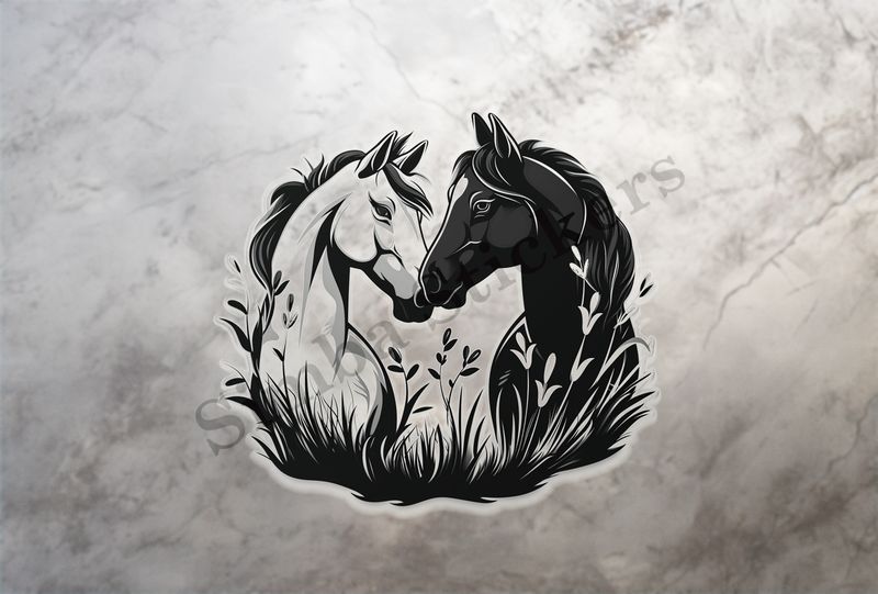 Horses in love, black and white, bust, in heart frame, outline art